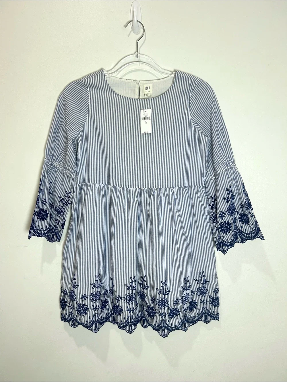 NEW Gap Kids Embroidered Dress Bell Sleeve Boho Cottagecore Size L (10) Stripes
